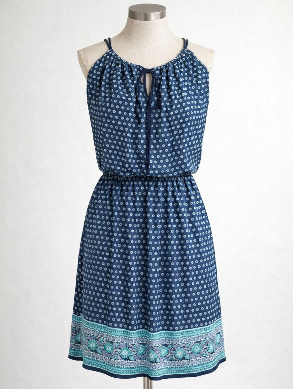 MAX STUDIO Blue Teal Boho Print Sleeveless Keyhole Dress Medallion Border LARGE